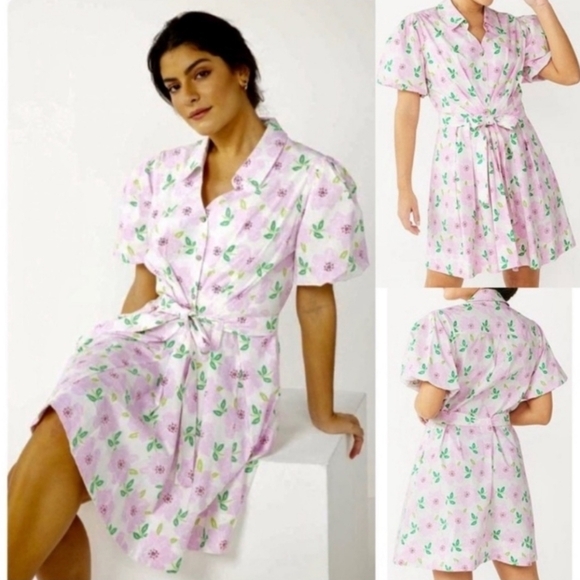 Draper James RSVP Puff Sleeve Shirt Dress Pink Floral Size M Medium Tie‎ Waist - Picture 4 of 16